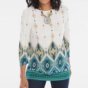 Chico’s Lantern Print Tunic Size XL Stretch Cream Blue Green 3/4 Sleeve Boho. 11